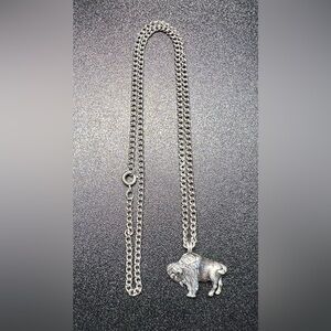 Avon Signed Vintage 80's Pewter Bison Pendant Charm And Necklace